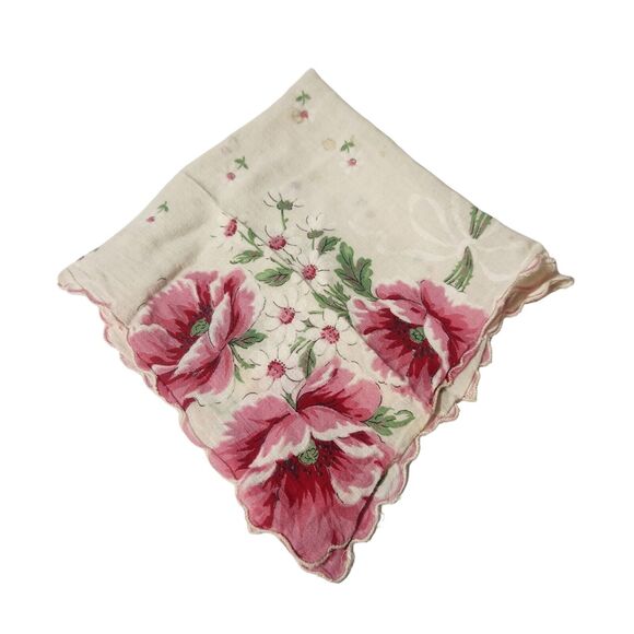 VTG HANKIE LG PINK FLOWERS COLORFUL GRAPHIC SCALLOPED EDGE POCKET SCARF BRIDE - Picture 1 of 6